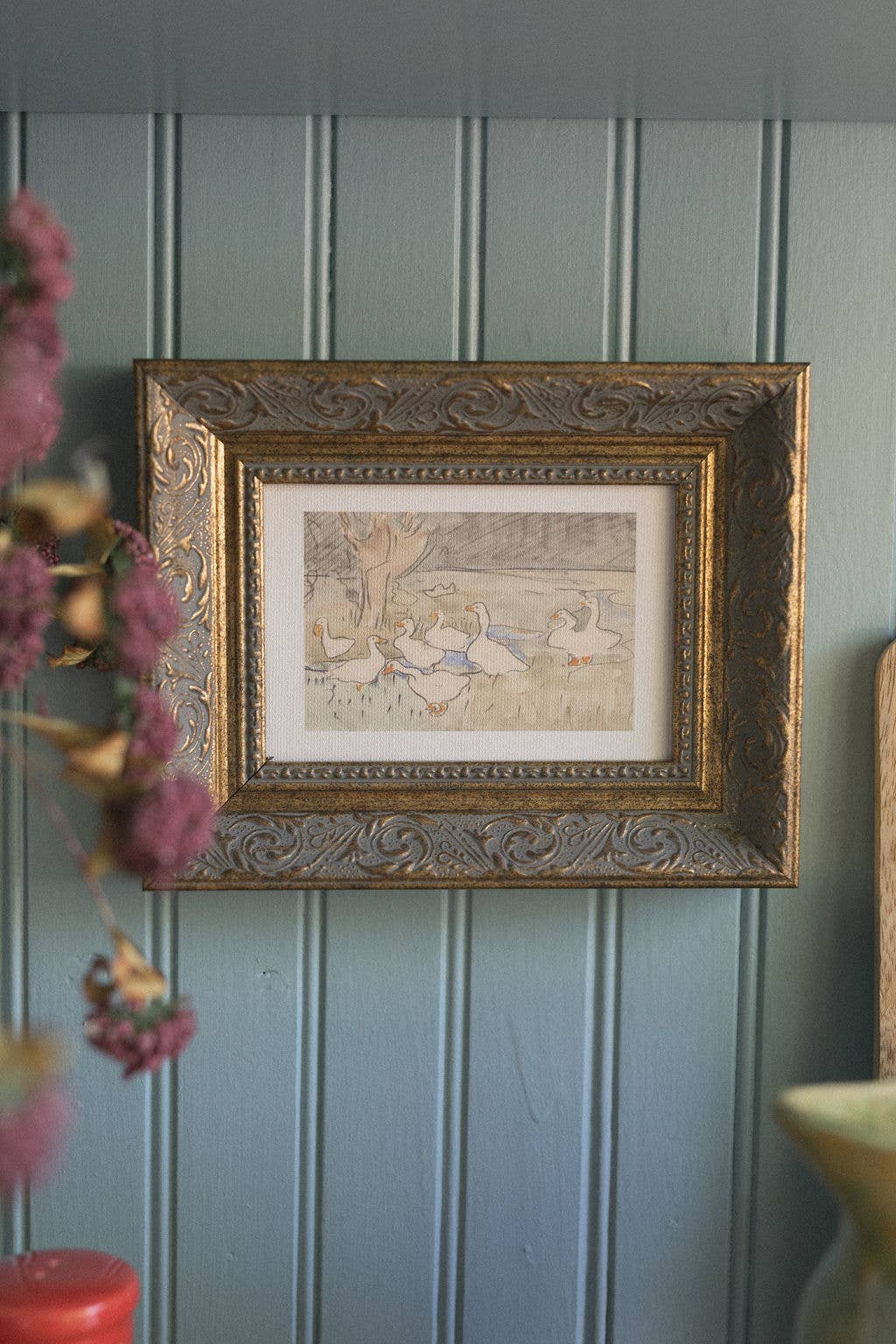 Geese Pond Framed Antique Art