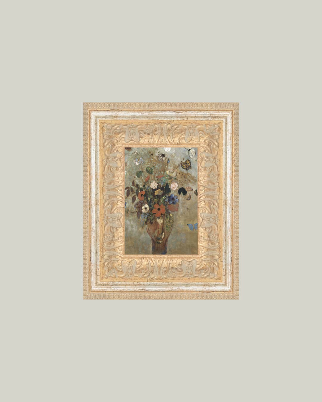 Flower Butterfly Vase Framed Antique Art: 7x9