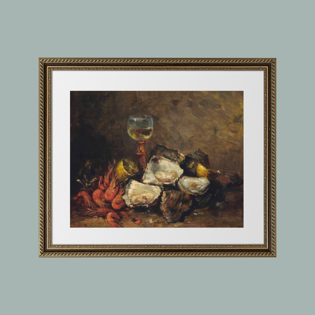 Still Life of Shrimp and Oysters Antique Art Print