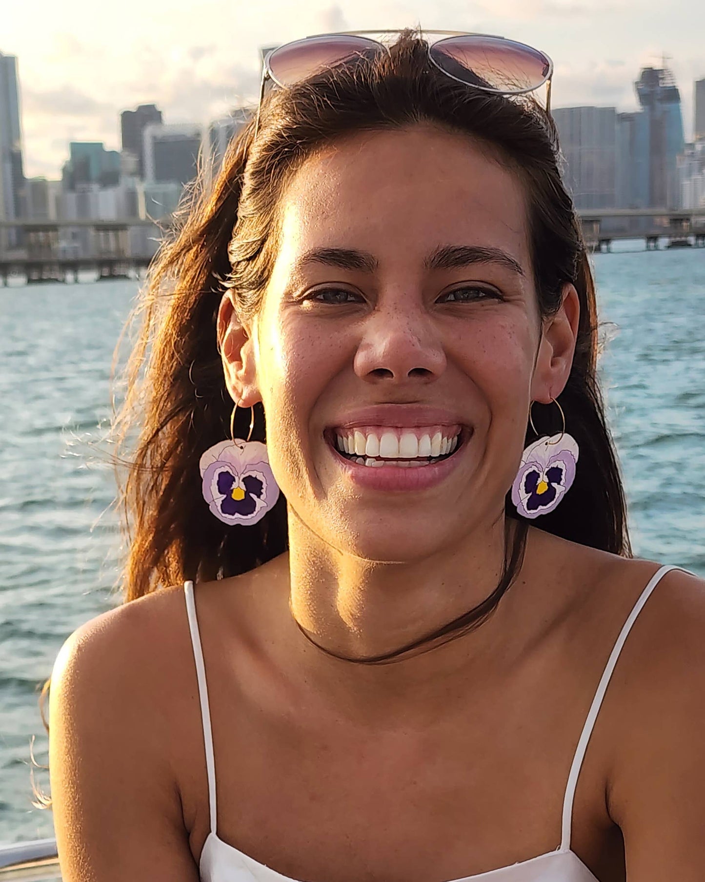Purple Pansy Flower Hoop Earrings