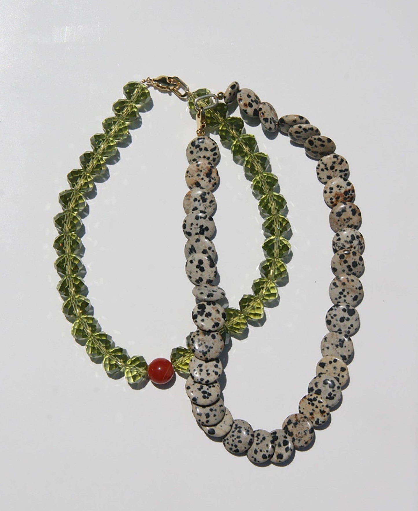 OLA Olive Green & Carnelian Czech Glass Beaded Necklace: 16"