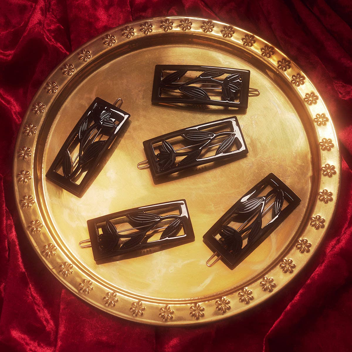 Black Lotus Acetate Cutout Art Deco Style Barrette