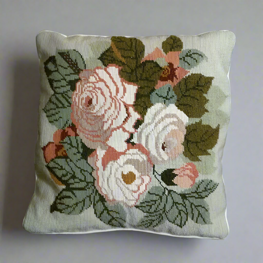Wool Needlepoint Adam’s First Tea Rose 1838 Pillow