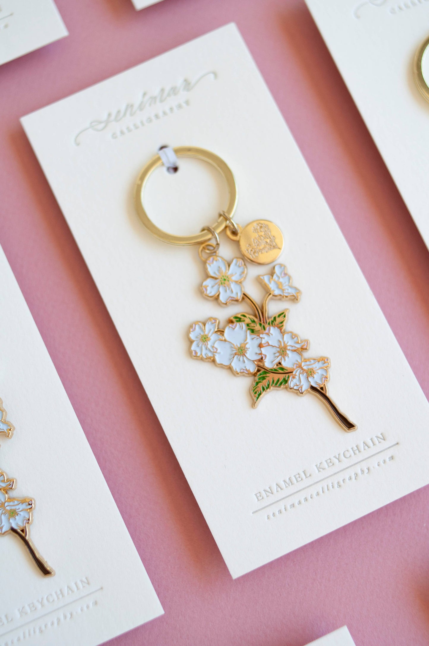 White Dogwoods Gold Soft Enamel Key Chain