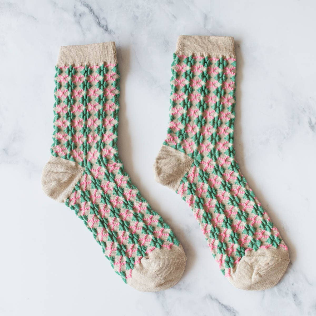 Winter Check Pattern Socks: Beige/Green