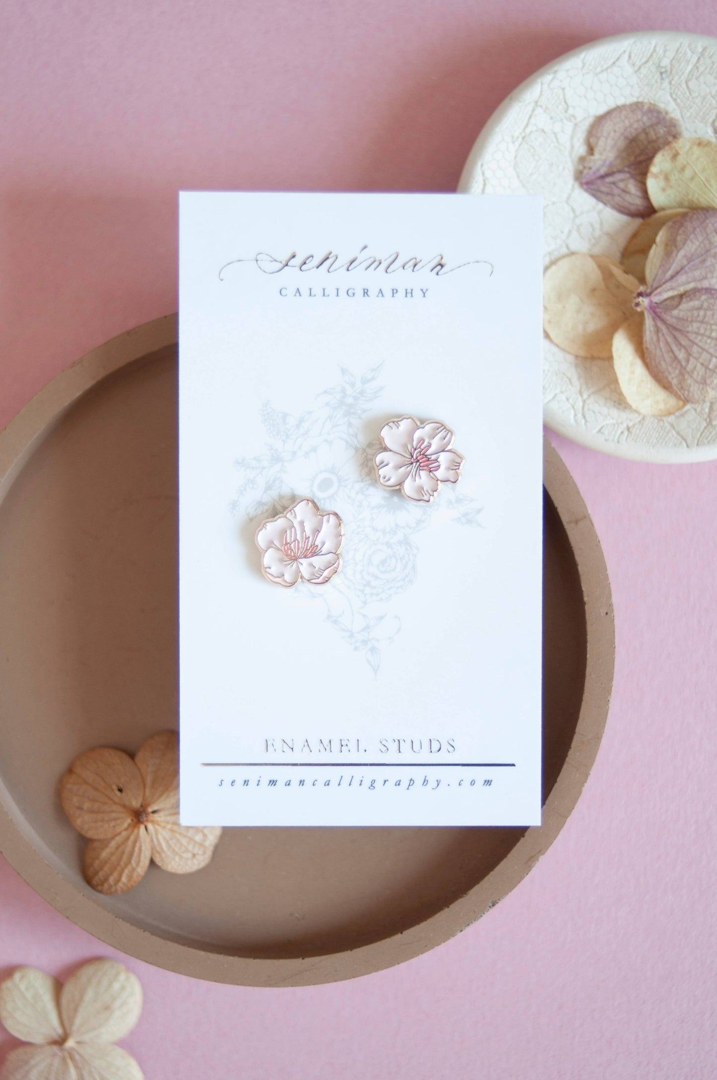Cherry Blossom Gold Enamel Earrings