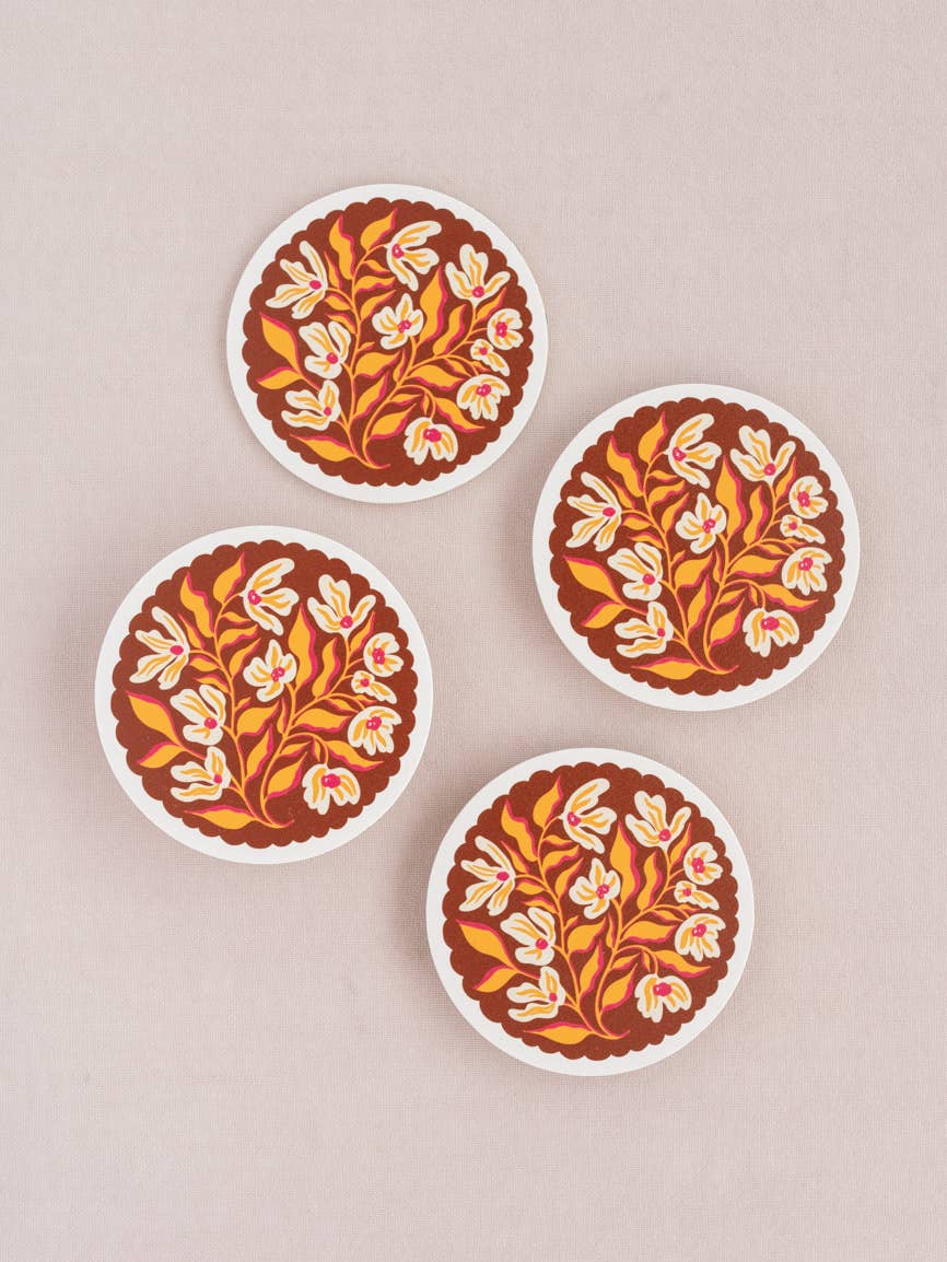 Pumpkin Spice Floral Scalloped Coasters - Set of Four
