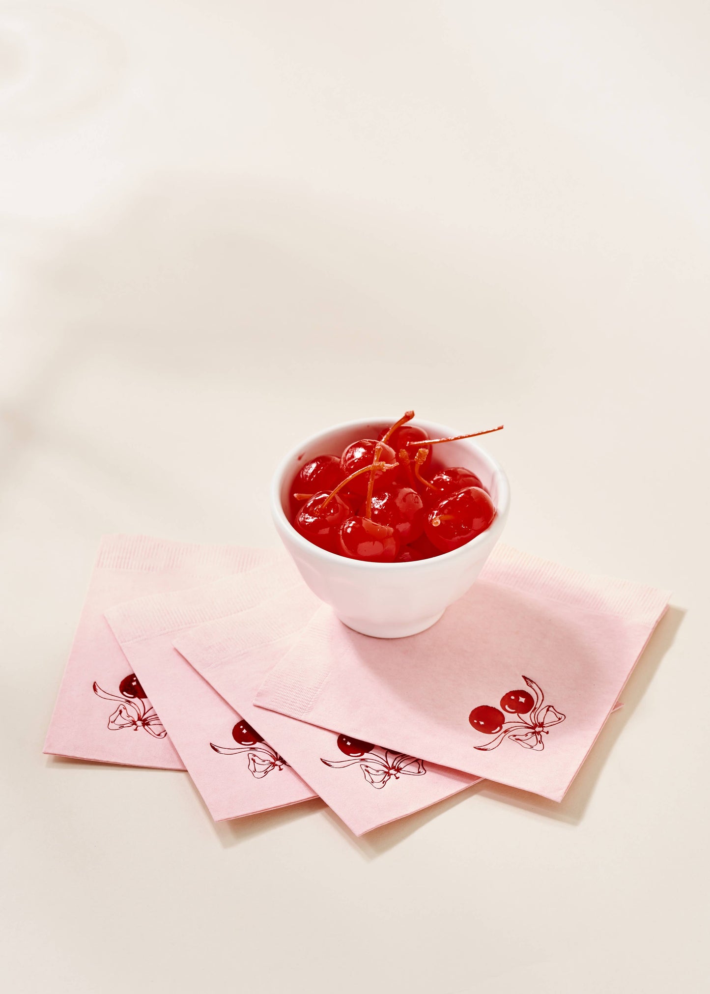 Red Cherries with Bow On Pink Napkin - Set of 20