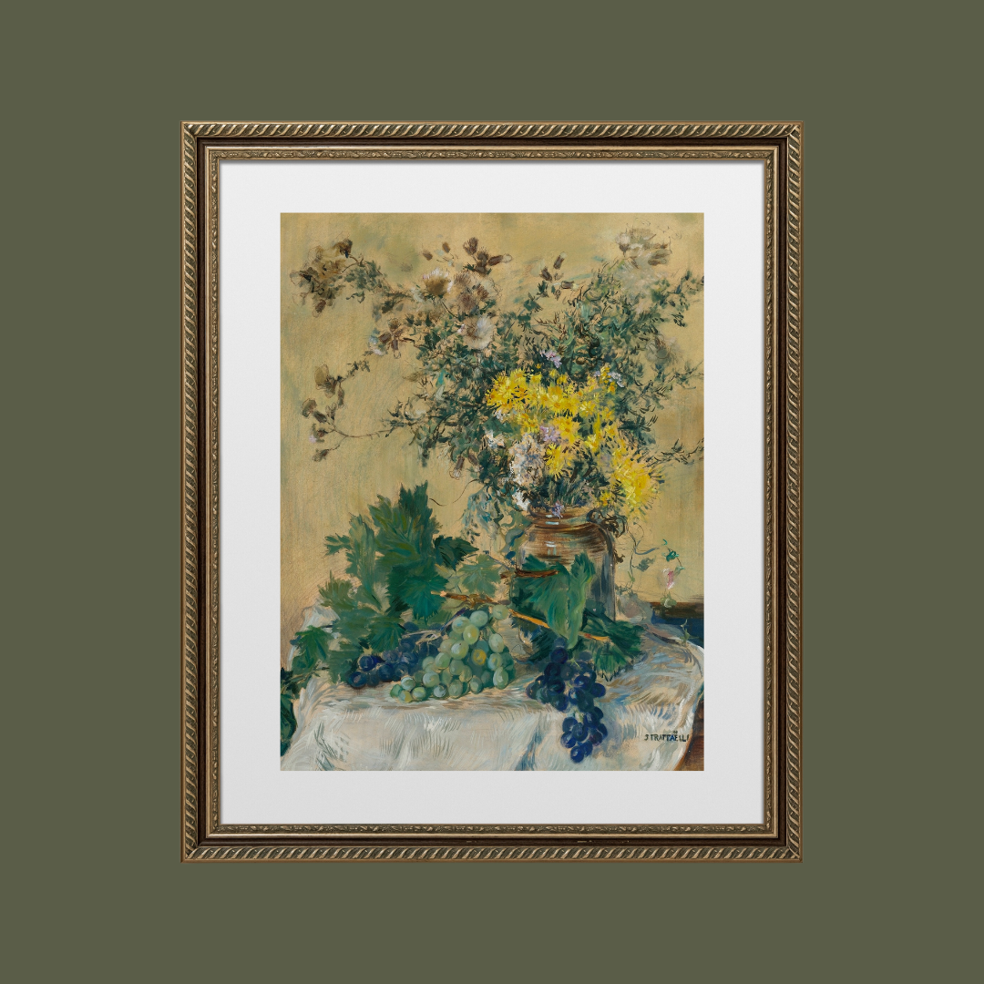 Still Life with Flowers and Grapes Antique Art Print