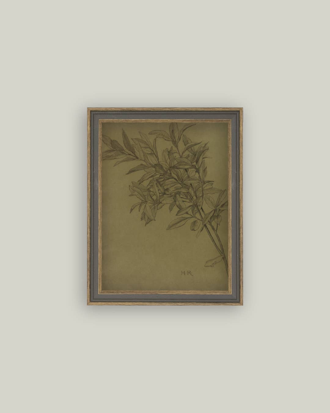 Leaves On Green Framed Antique Art: 7x9