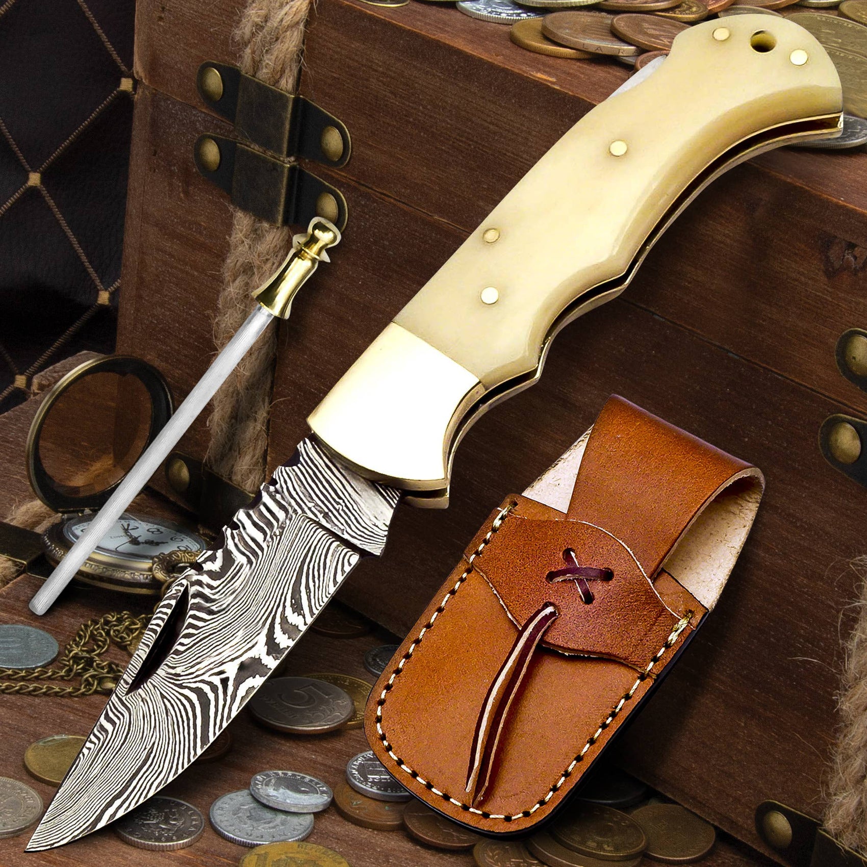 6.5' Handmade damascus folding knife, Pocket Knife