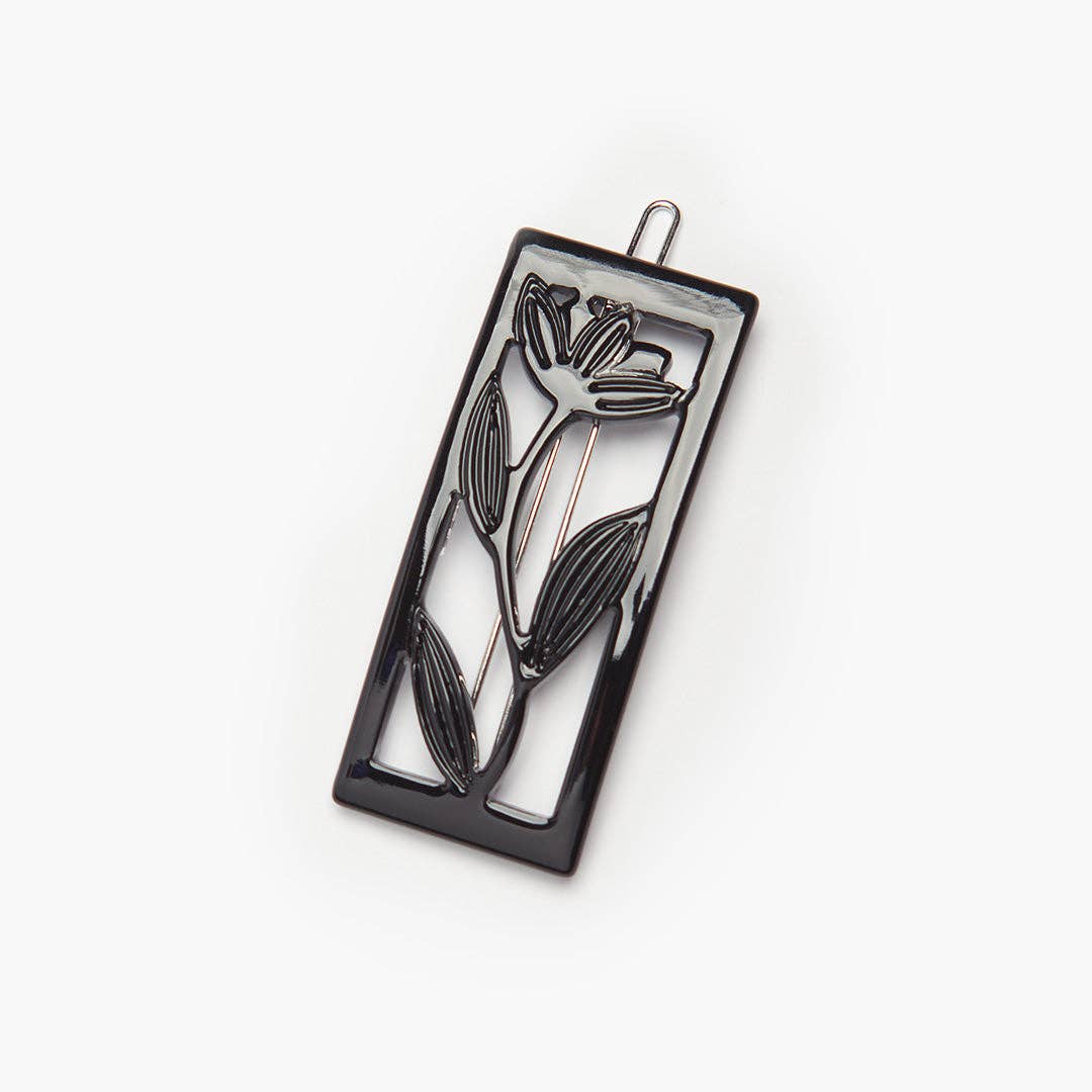 Black Lotus Acetate Cutout Art Deco Style Barrette