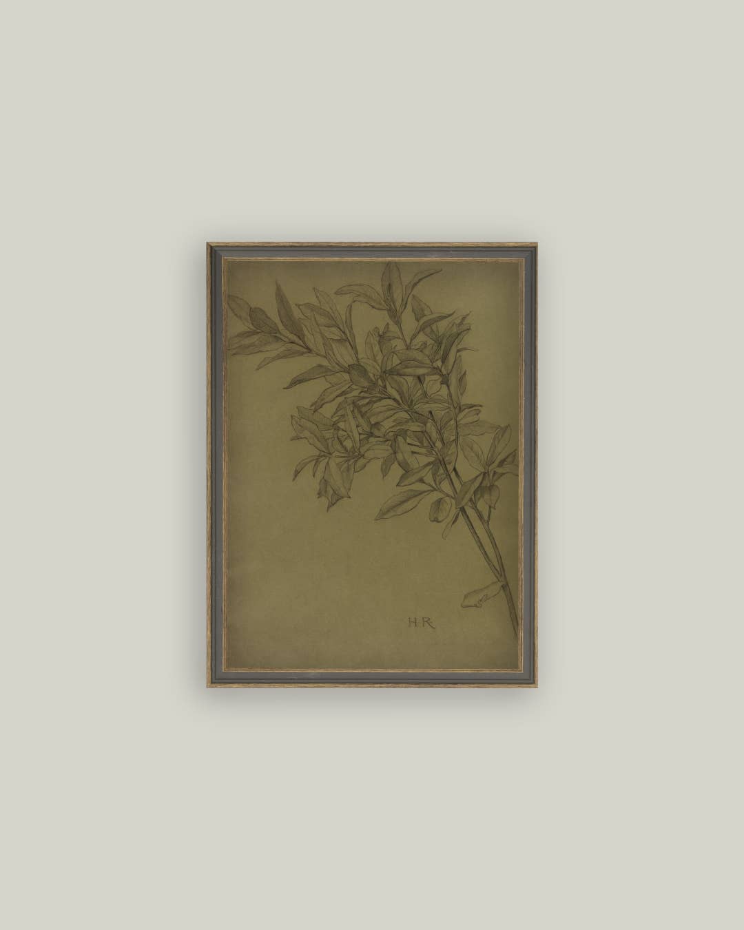 Leaves On Green Framed Antique Art: 7x9