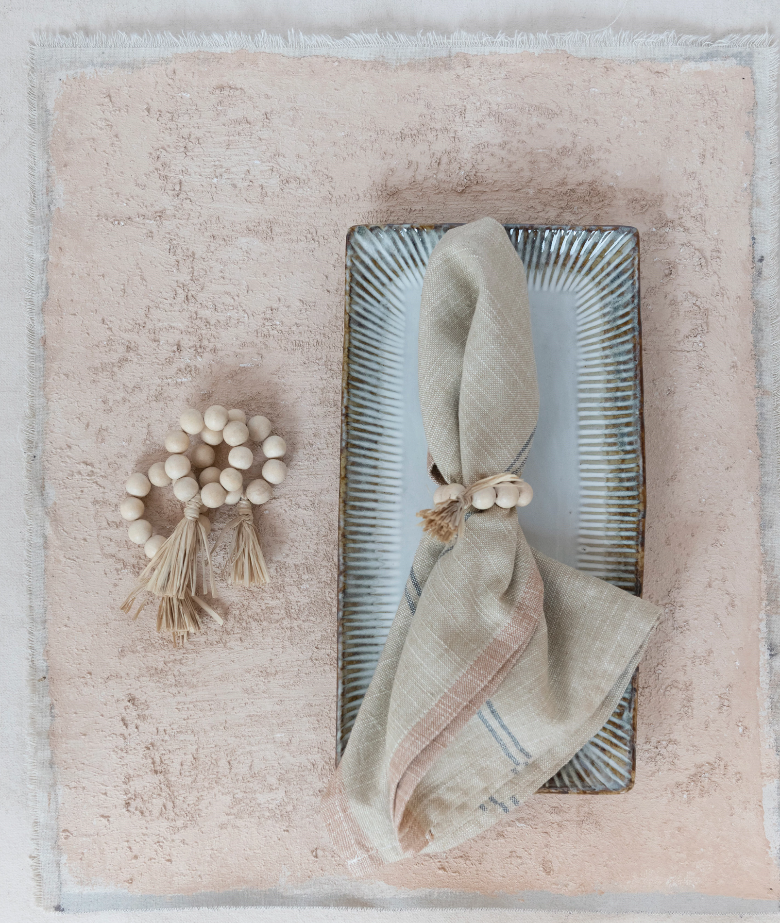 Wood and Raffia Tasseled napkin Rings -- Set of 4