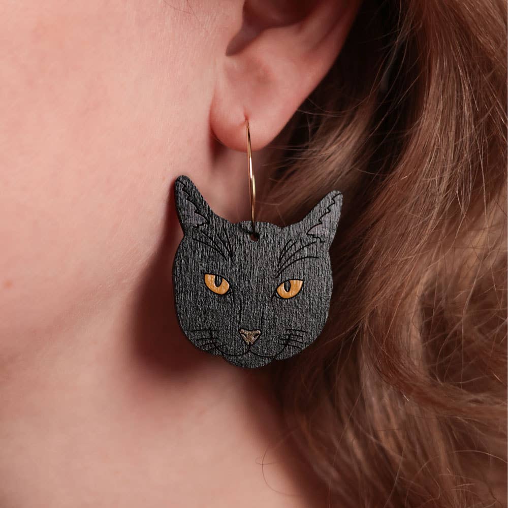 Black Cat Hoop Earrings - Halloween