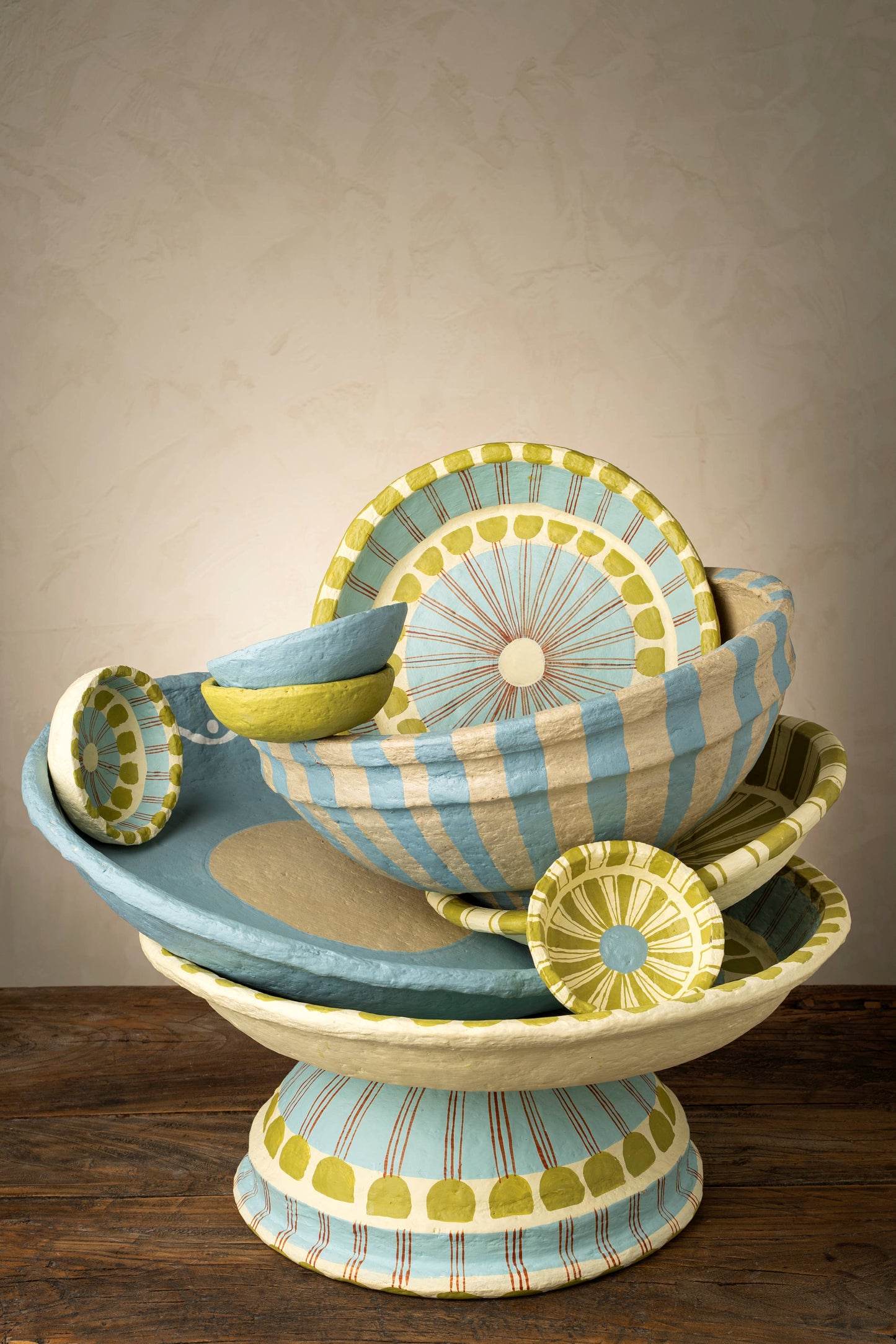 Painted Paper Mache Mini Bowl, Green Stripe