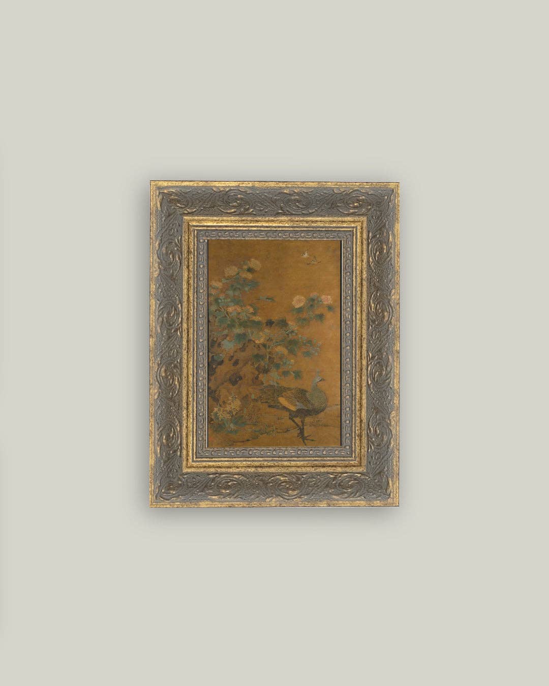 Peacock and Hollyhocks Framed Antique Art: 7x12