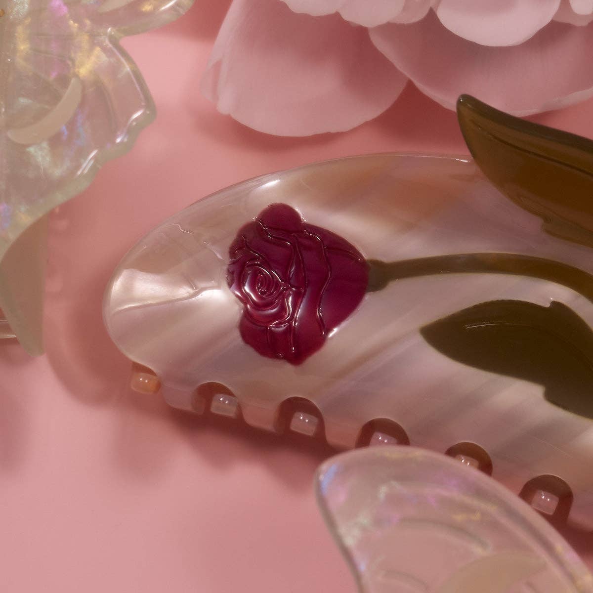 Women's Wild Rose Flower Long Hair Claw in Pink Acetate