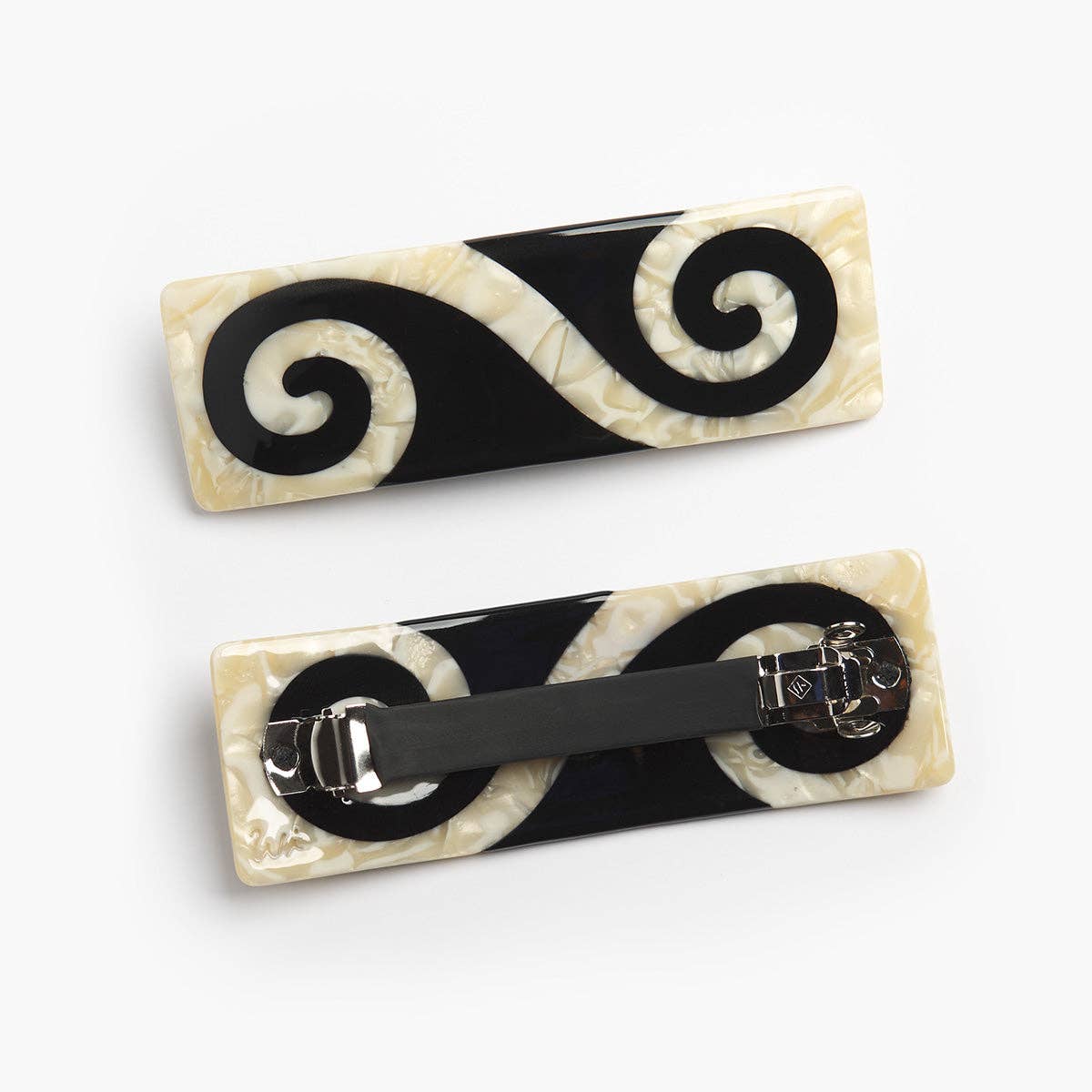 Twin Spiral French Barrette Clip in Black and Cream Acetate