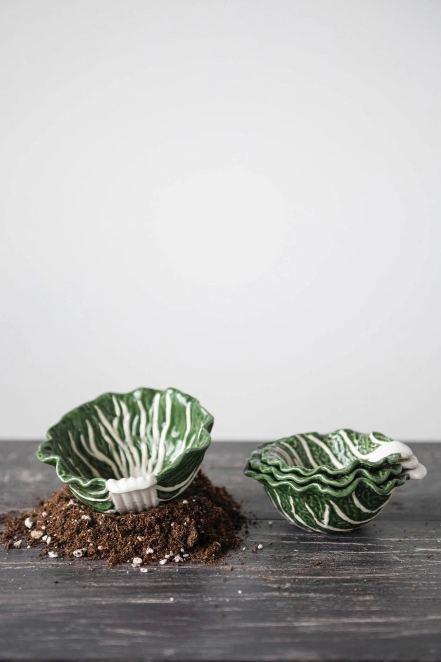 Hand-Painted Stoneware Cabbage Bowls, Set of 4