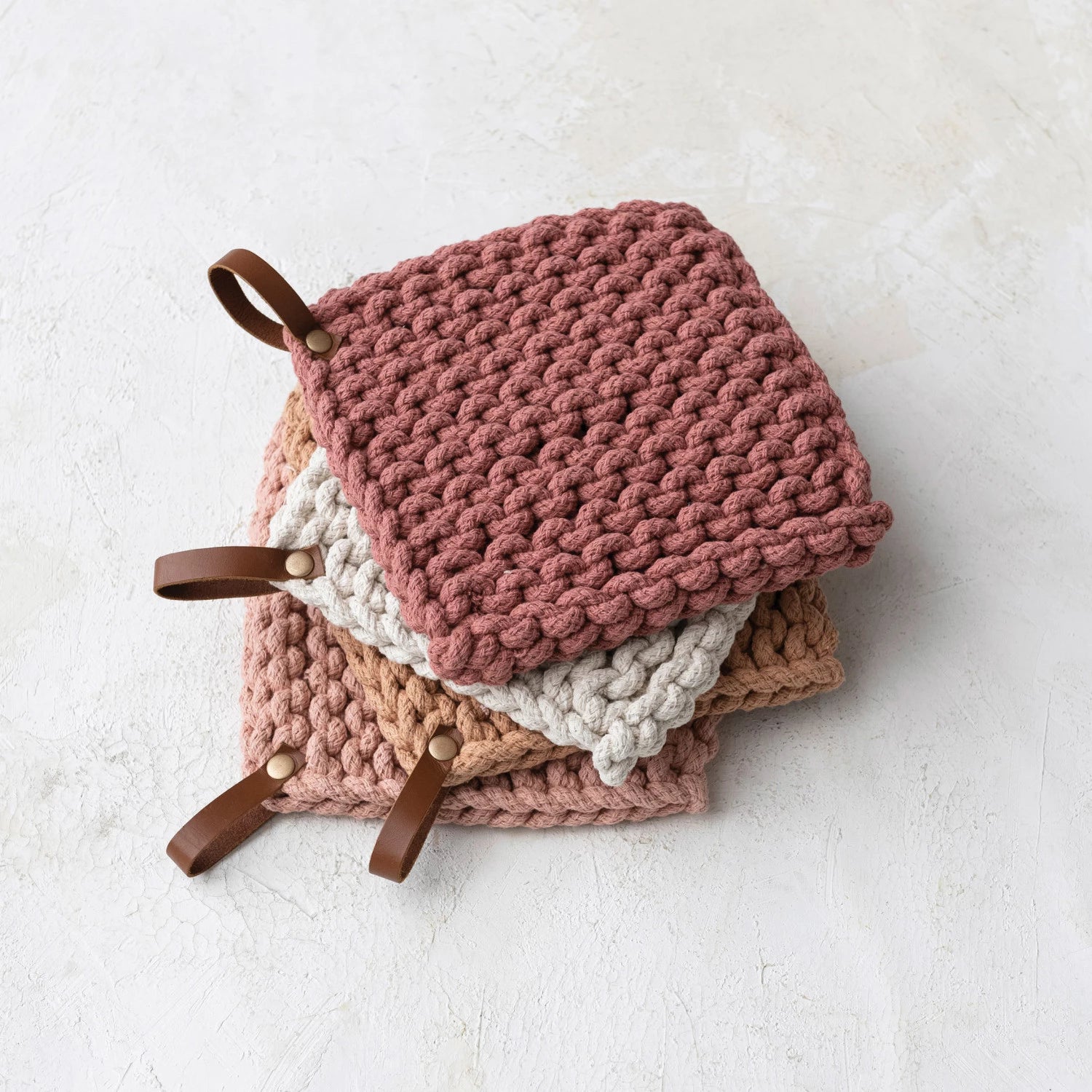 Cotton Crocheted Pot Holder with Leather Loop -- 4 Colors