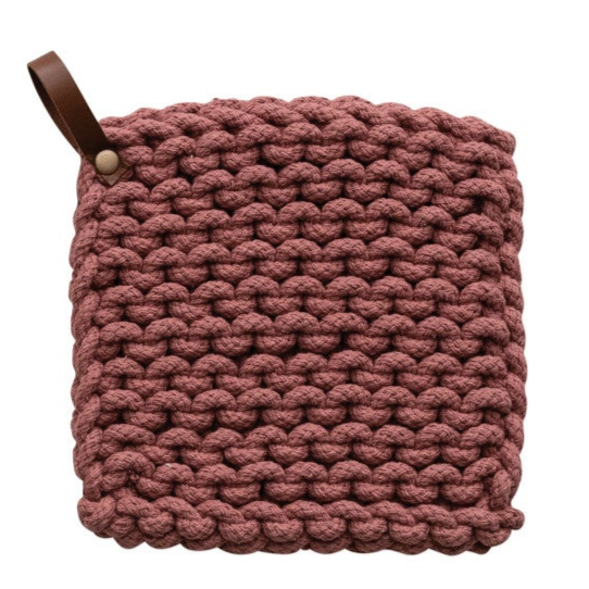 Cotton Crocheted Pot Holder with Leather Loop -- 4 Colors