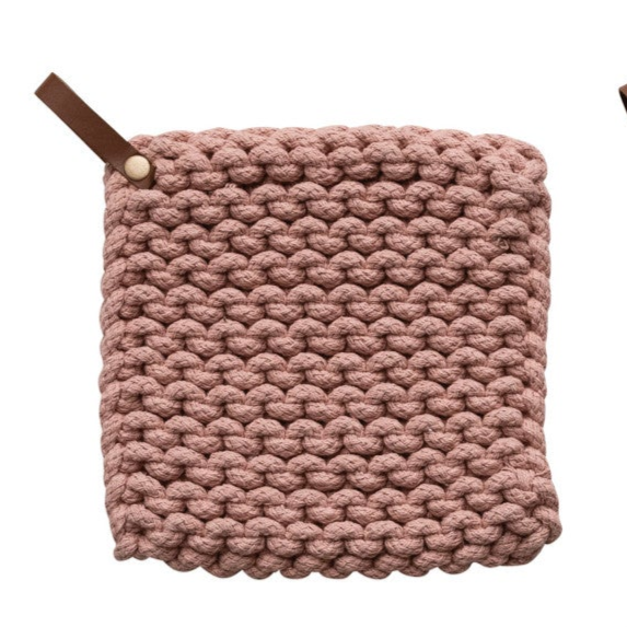 Cotton Crocheted Pot Holder with Leather Loop -- 4 Colors
