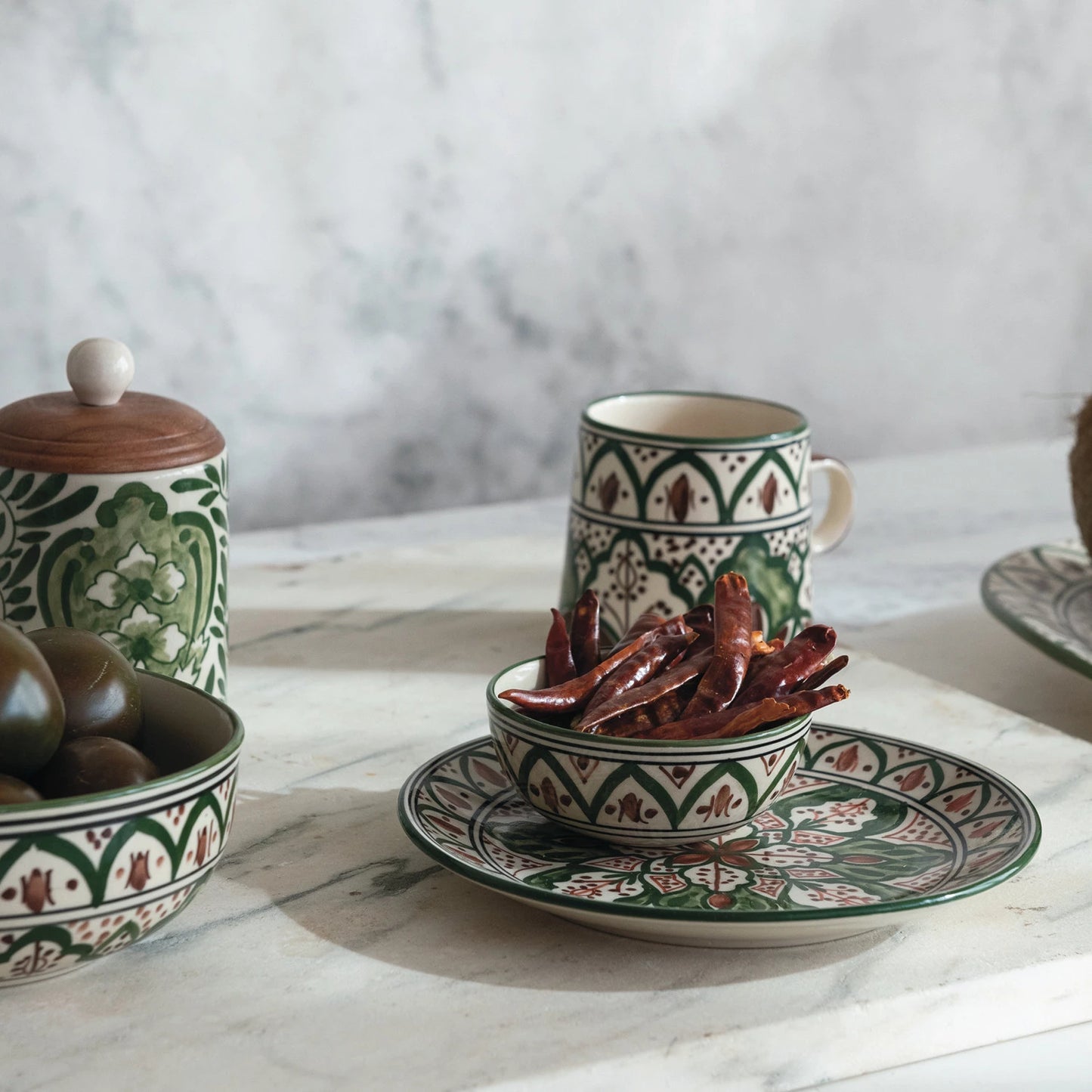 Hand-Painted Stoneware Plate w/ Design, Cream Color, Brown & Green