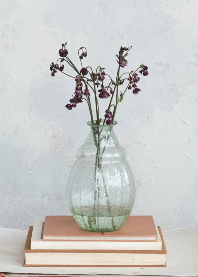 Hand-Blown Bubble Glass Vase, Green