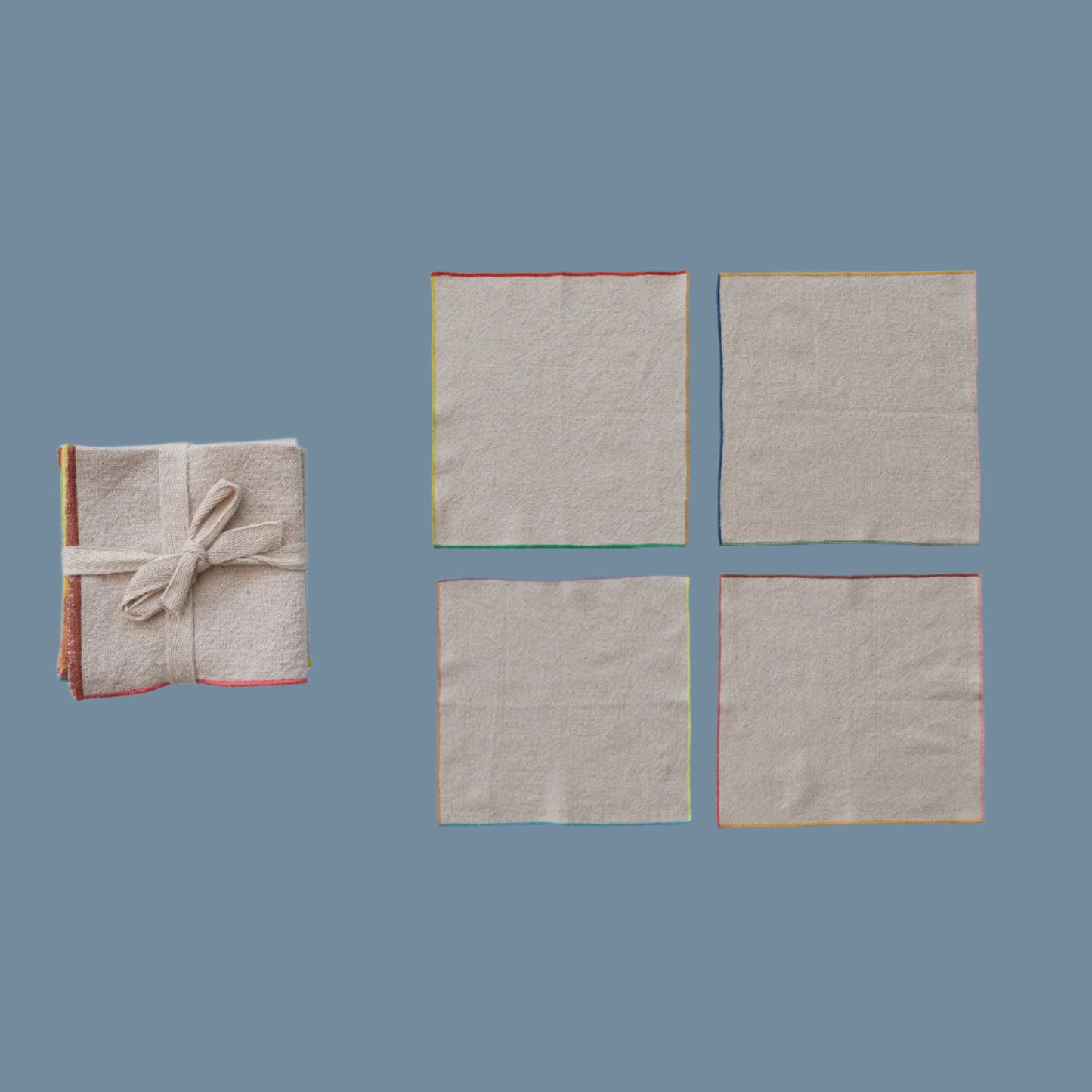 Woven Cotton Napkins with Stitched Colored Edge, Set of 4