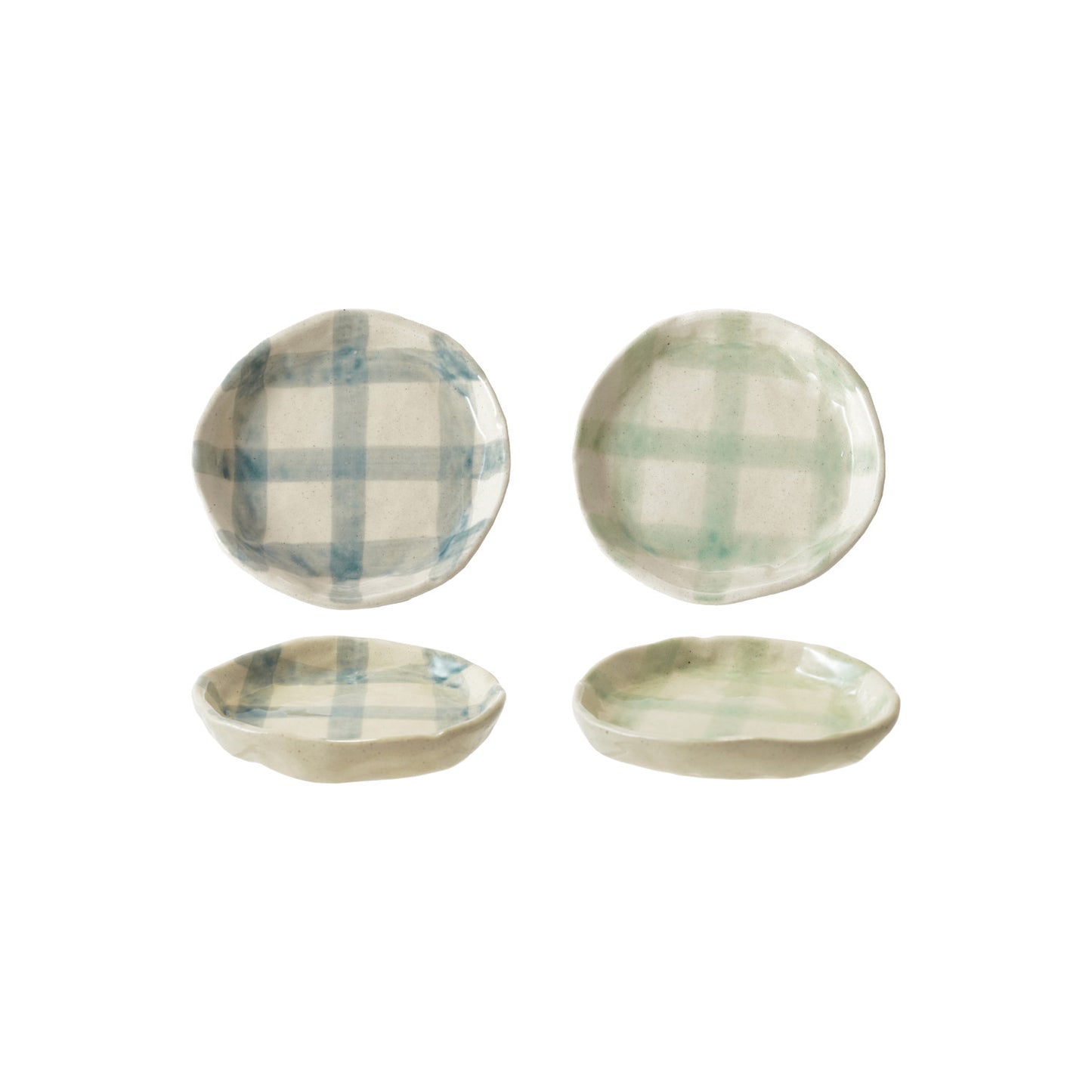 Hand-Painted Stoneware Plate w/ Grid Pattern, Reactive Glaze, 2 Colors (Each One Will Vary)