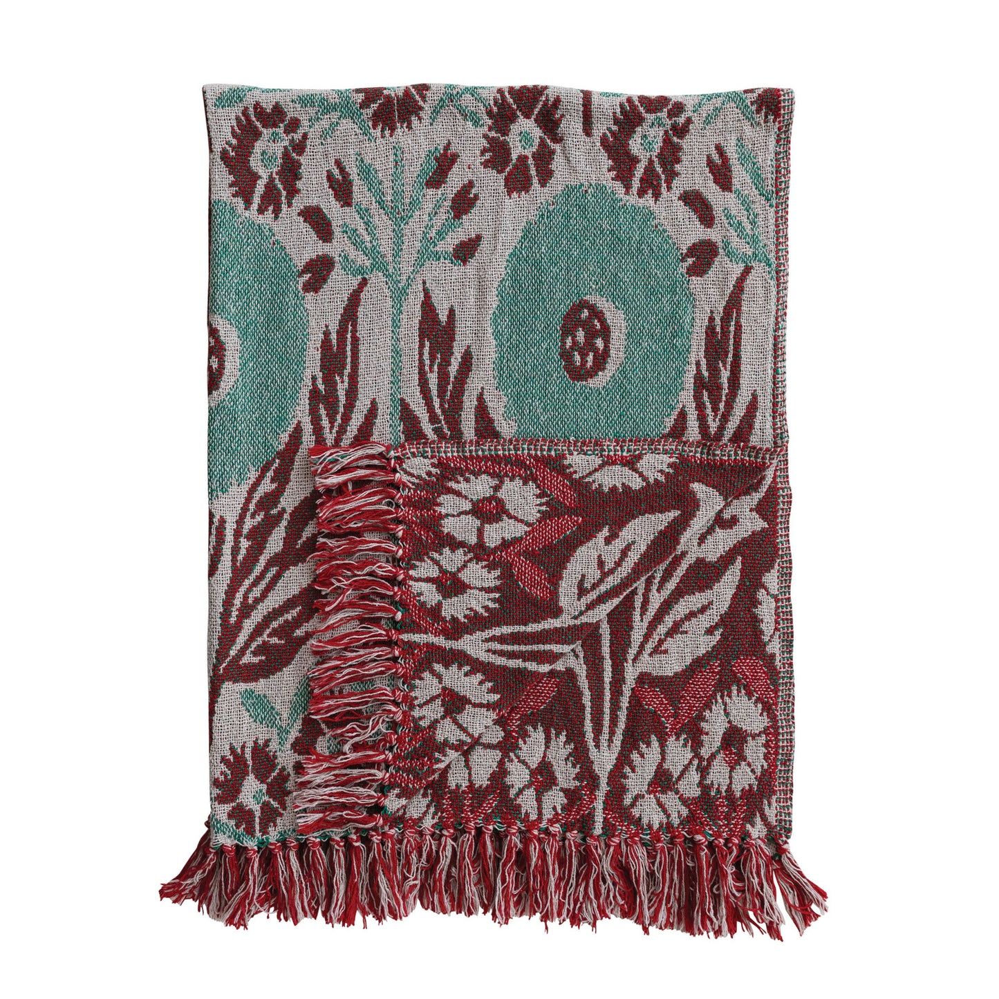Floral Pattern & Fringe Throw - Red & Sage