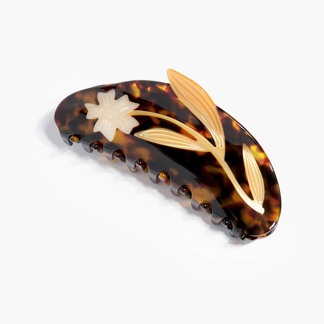 White Flax Flower Long Hair Claw with Tortoise Acetate