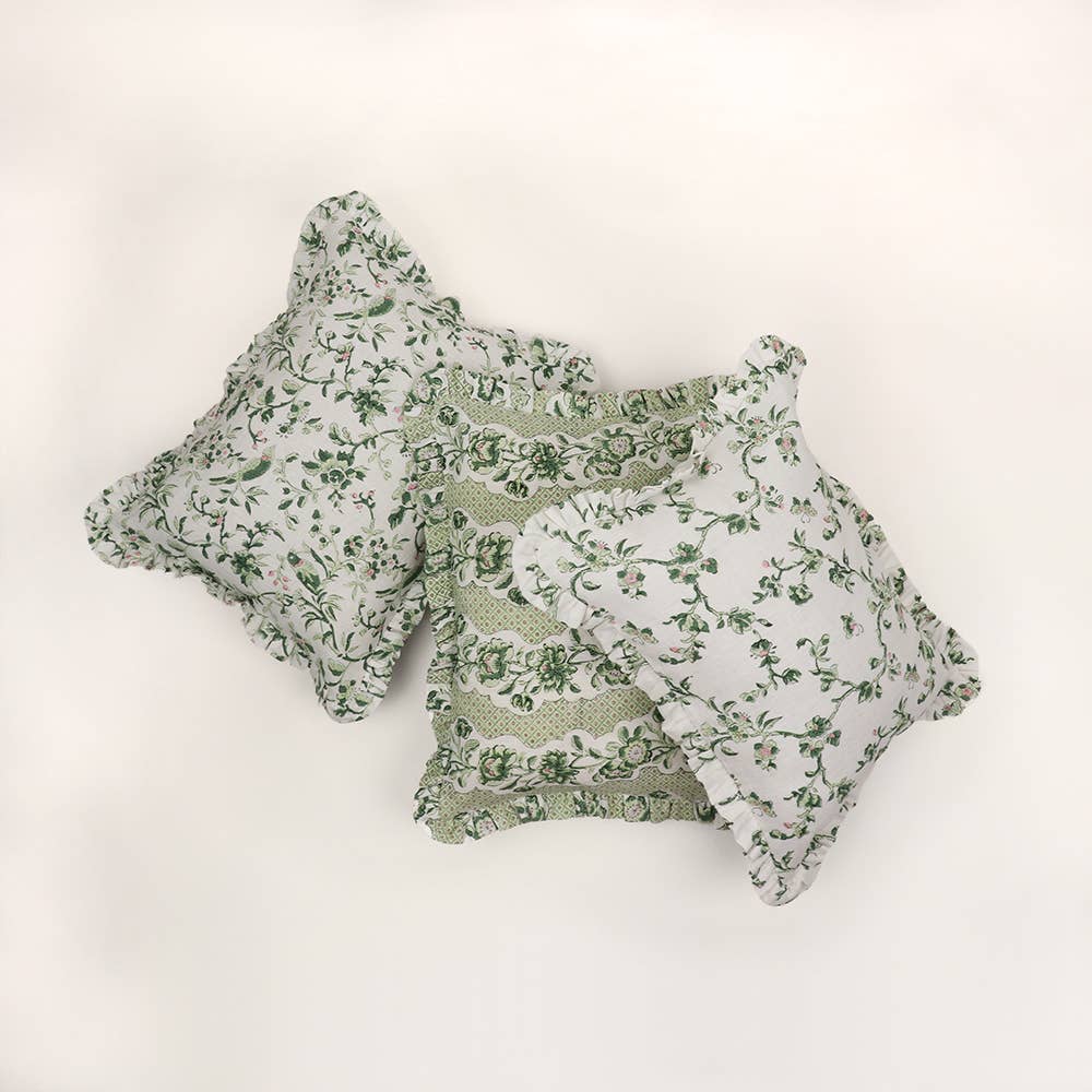 Blooming Trellis Block Printed Ruffled Pillow