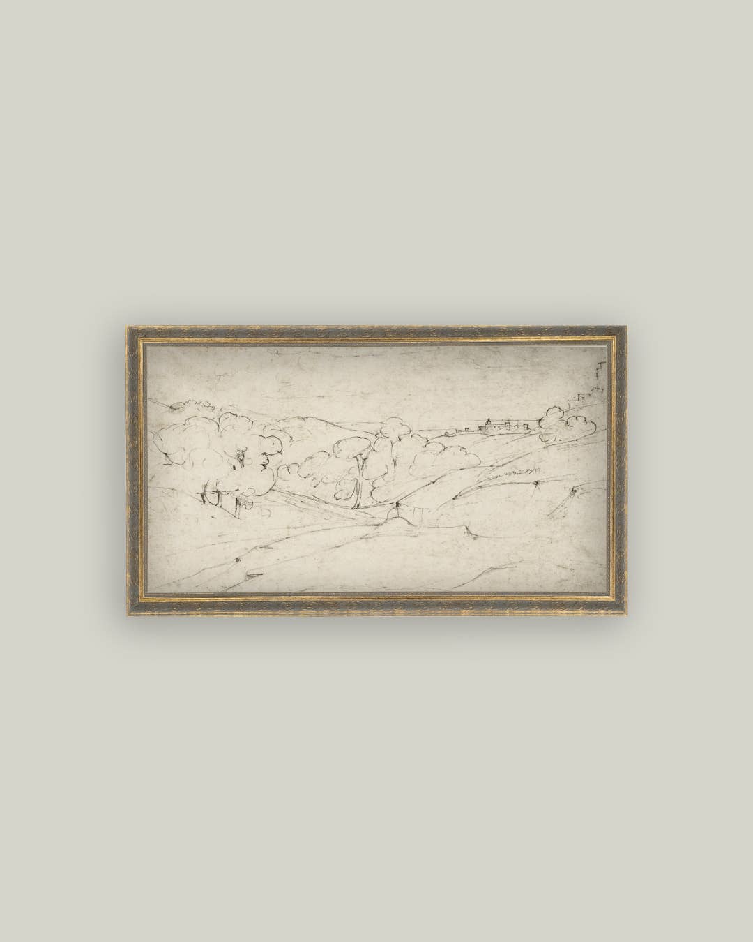 Rolling Hills Sketch Framed Antique Art: 12x7