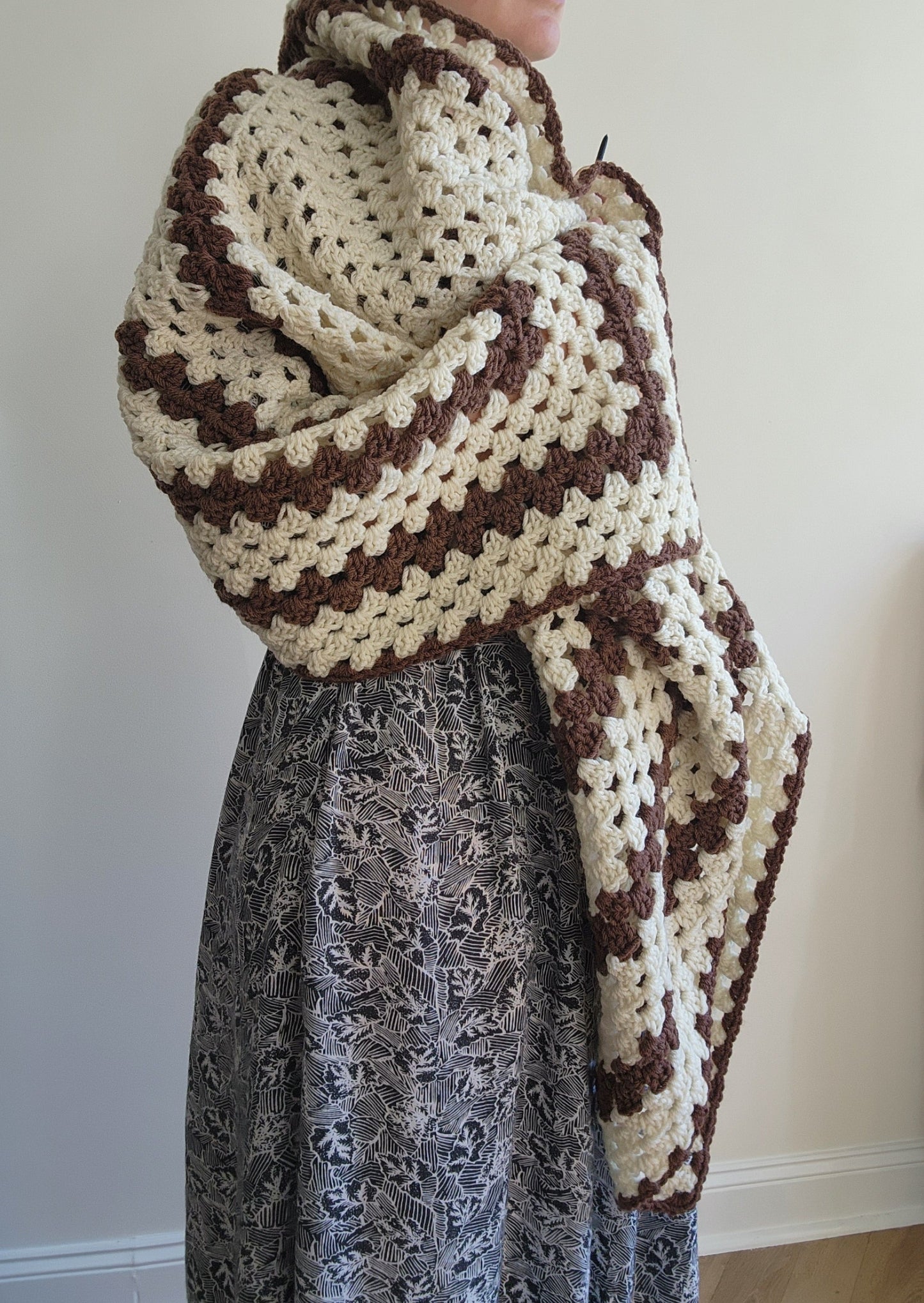 Vintage Hand Crocheted Blanket - Brown and Cream