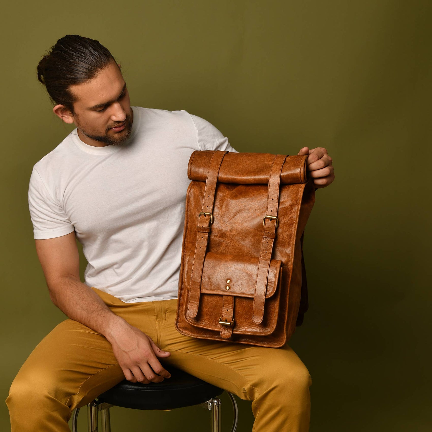 DuVall Leather Rolltop Backpack - Tan