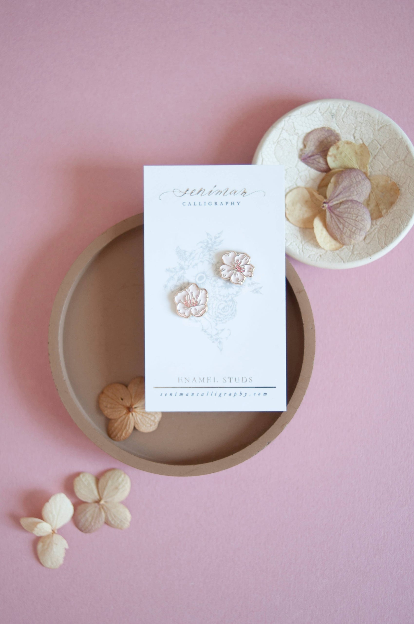Cherry Blossom Gold Enamel Earrings