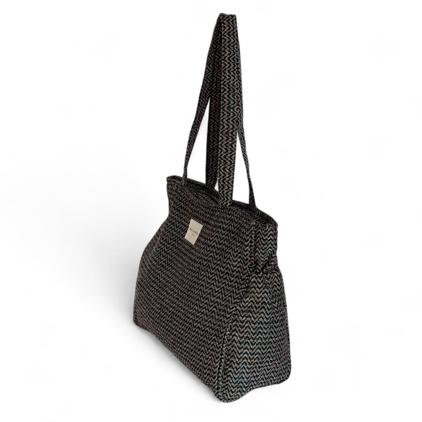 Zigzag Jacquard Zippered Tote Bag – Beige & Black (Dana)