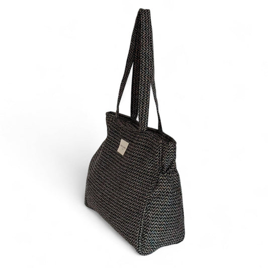 Zigzag Jacquard Zippered Tote Bag – Beige & Black (Dana)