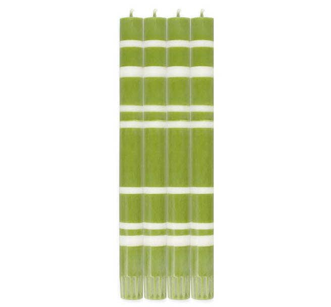 BRITISH COLOUR STANDARD - 25cm / 10'' H  - Striped  - Eco Dinner Pistachio Green and Pearl Candles, Gift Box of 4