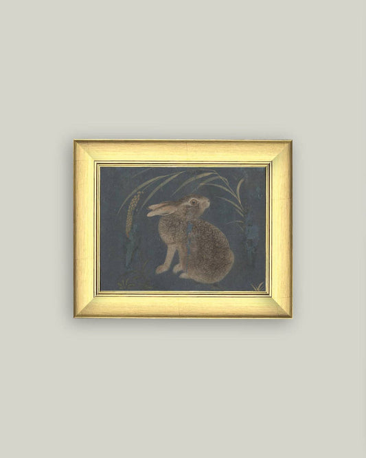 Brown Rabbit on Navy Framed Antique Art