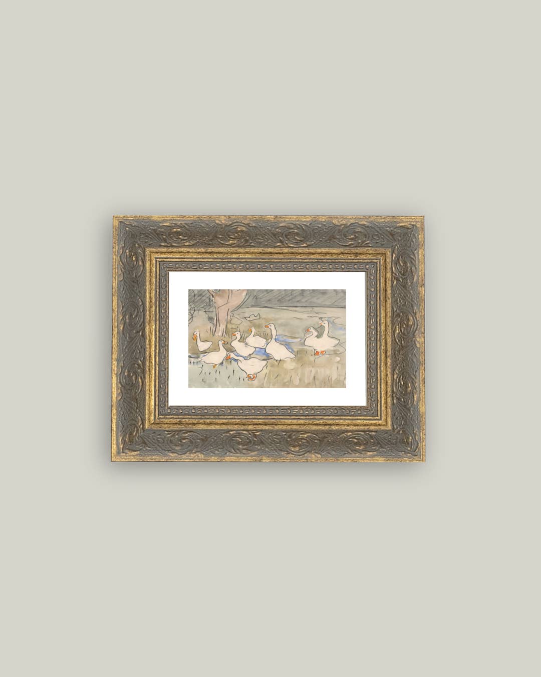 Geese Pond Framed Antique Art