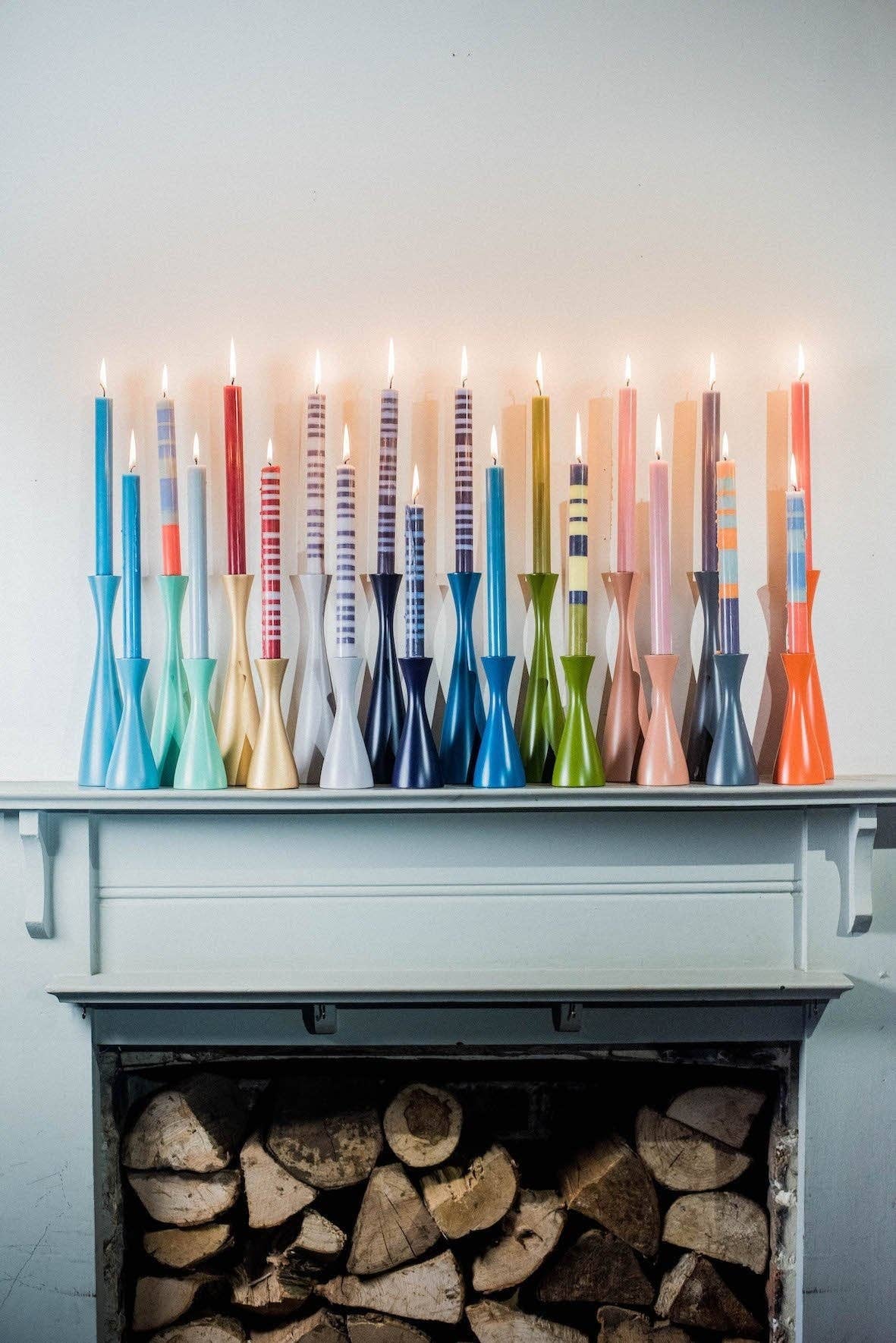 BRITISH COLOUR STANDARD - 25cm / 10'' H ABSTRACT Striped Old Rose, Pompadour & Indigo Eco Dinner Candles, Gift Box of 4