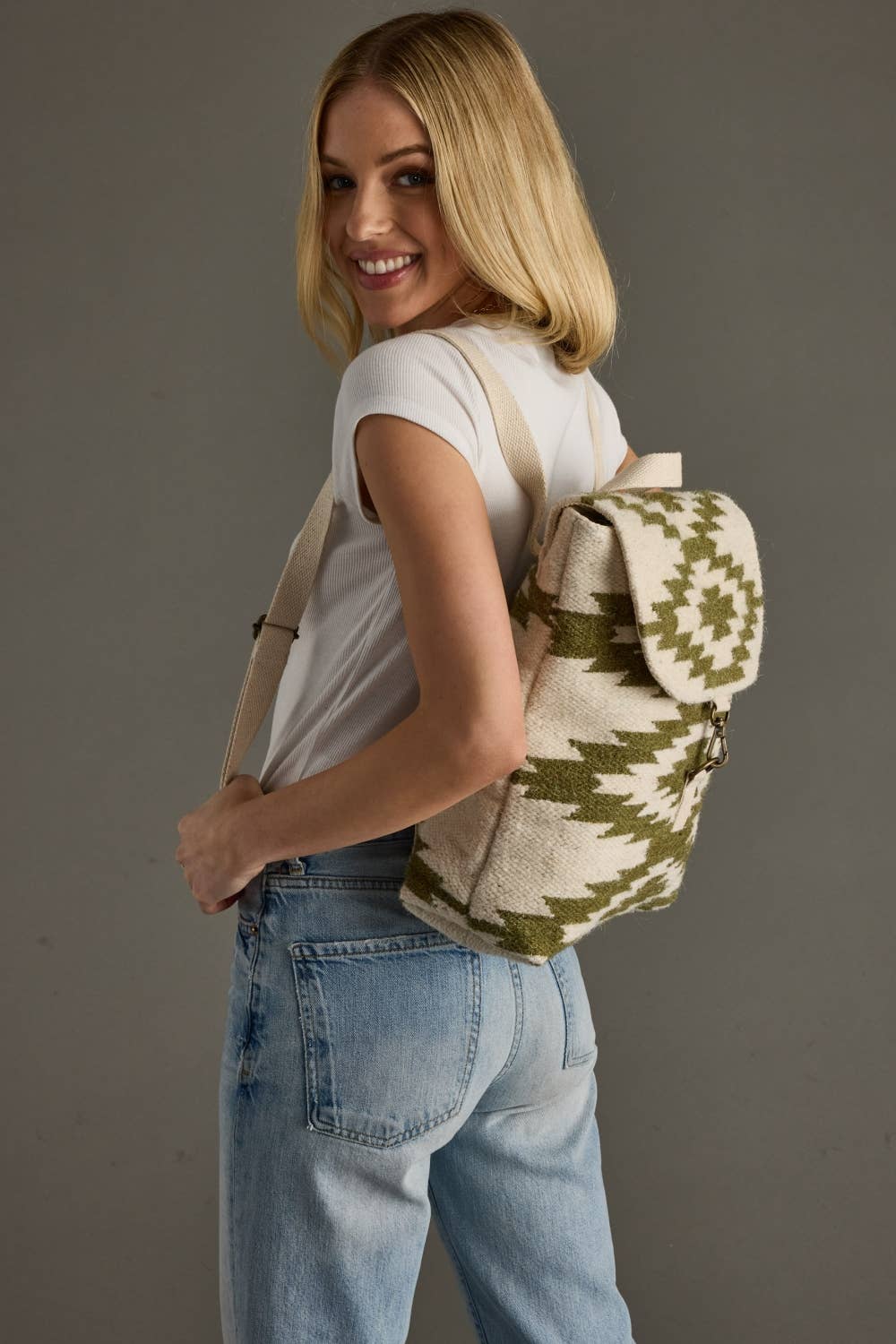 Woven Wool & Cotton Backpack - Cream & Olive