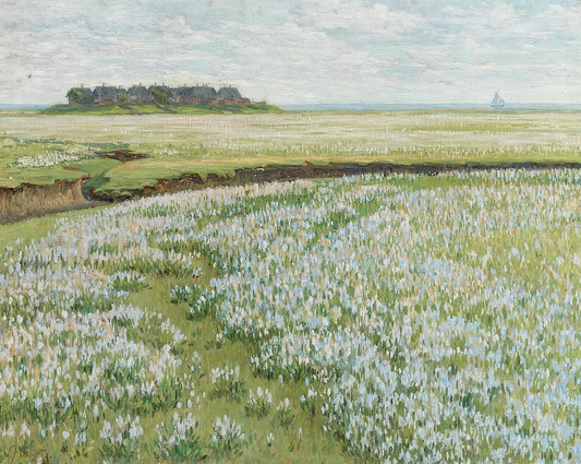 Fields with Ship in the Distance Antique Art Print