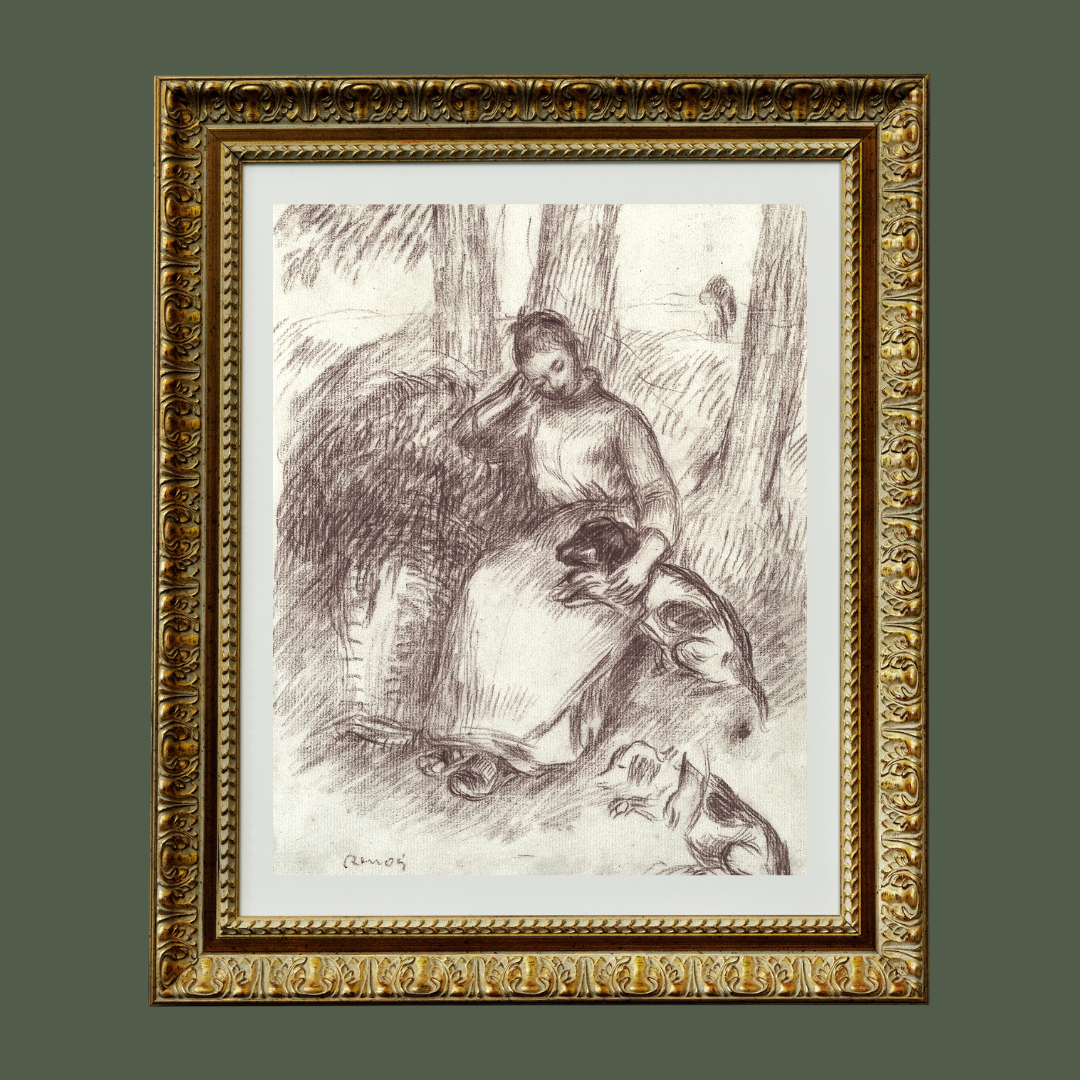 Sketch of a Girl and Her Dogs Antique Art Print