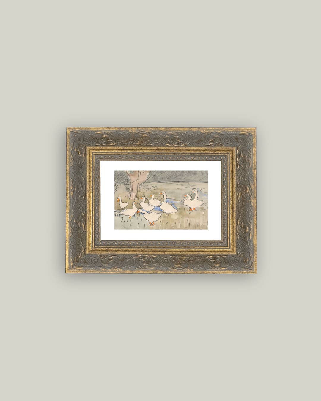 Geese Pond Framed Antique Art