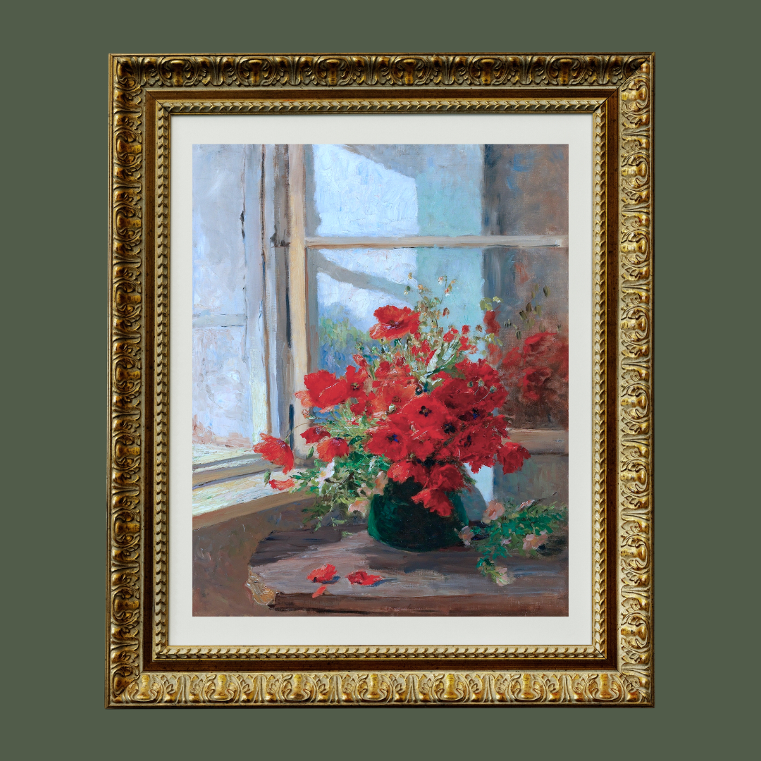 Poppies by the Window Antique Art Print