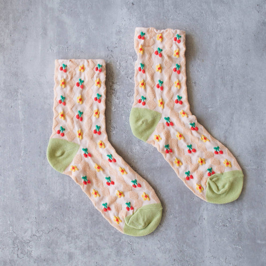 Women's Cherry Floral Pattern Socks: Blush